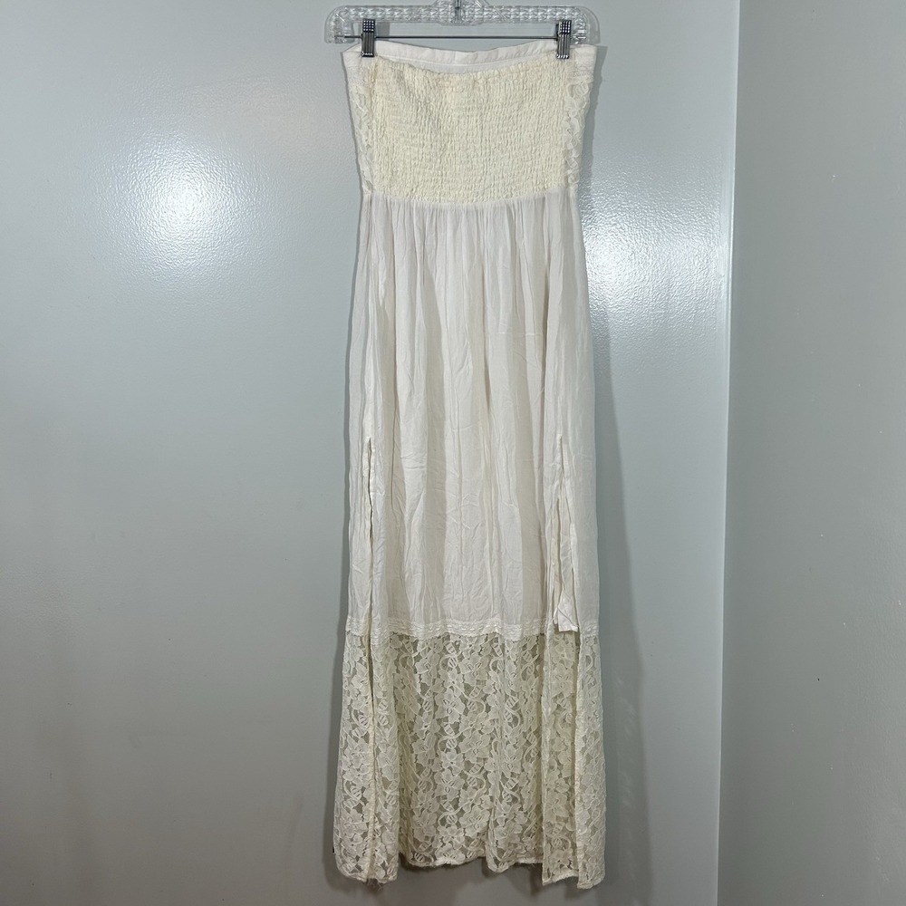 Abercrombie & Fitch Strapless White Lace Dress Medium Smoked Back  Side Slit - Picture 4 of 12